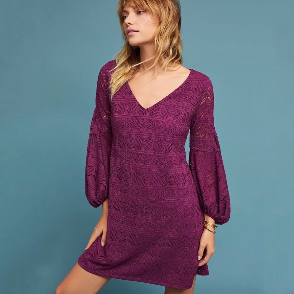Anthropologie Maeve ‘Laila’ Magenta Lace Balloon Sleeve Mini Dress Small Petite